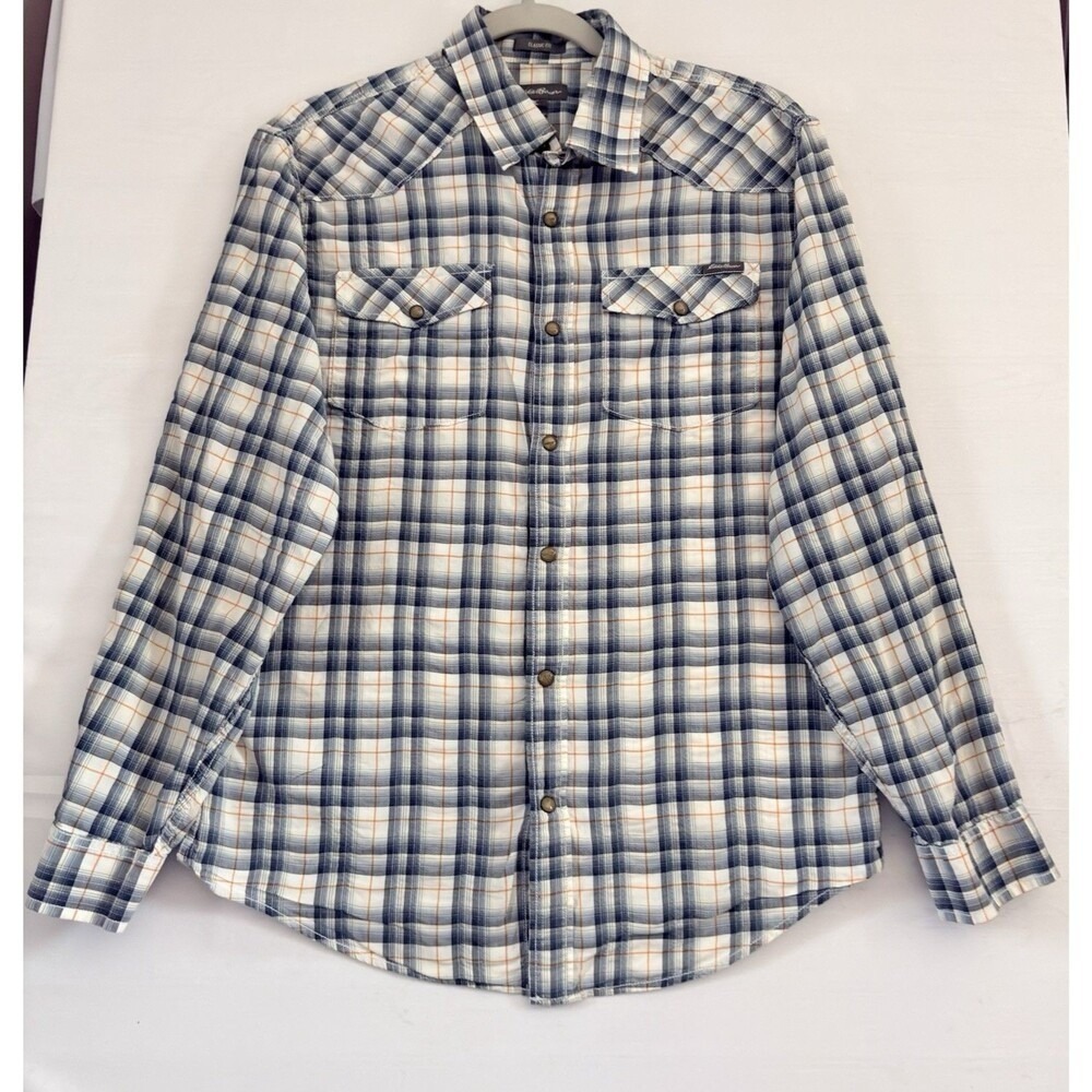 Eddie Bauer Mens Small Blue Plaid Snap Front Flannel Western Yoke Shirt